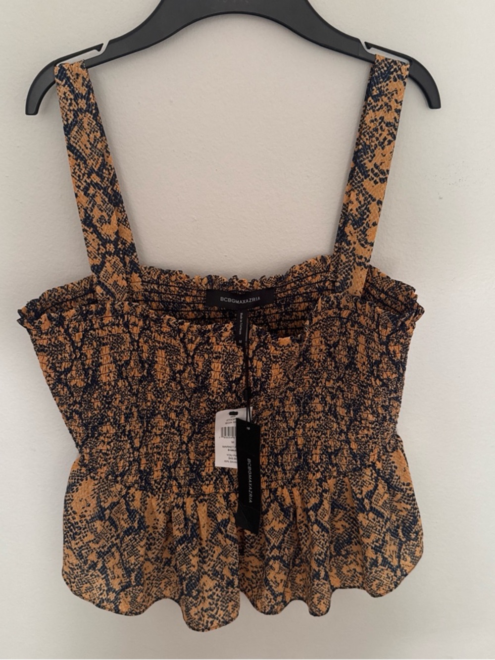 BCBGMaxAzria Yellow and Black Snake-Print Smocked Peplum Cami